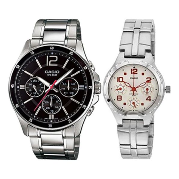CASIOCouple Waterproof Stainless Steel Strap SilverWhite Analog