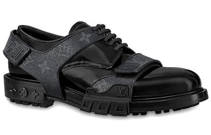 LOUIS VUITTON Harness Derby Shoes 'Black with Monogram Straps' 1A8ACU