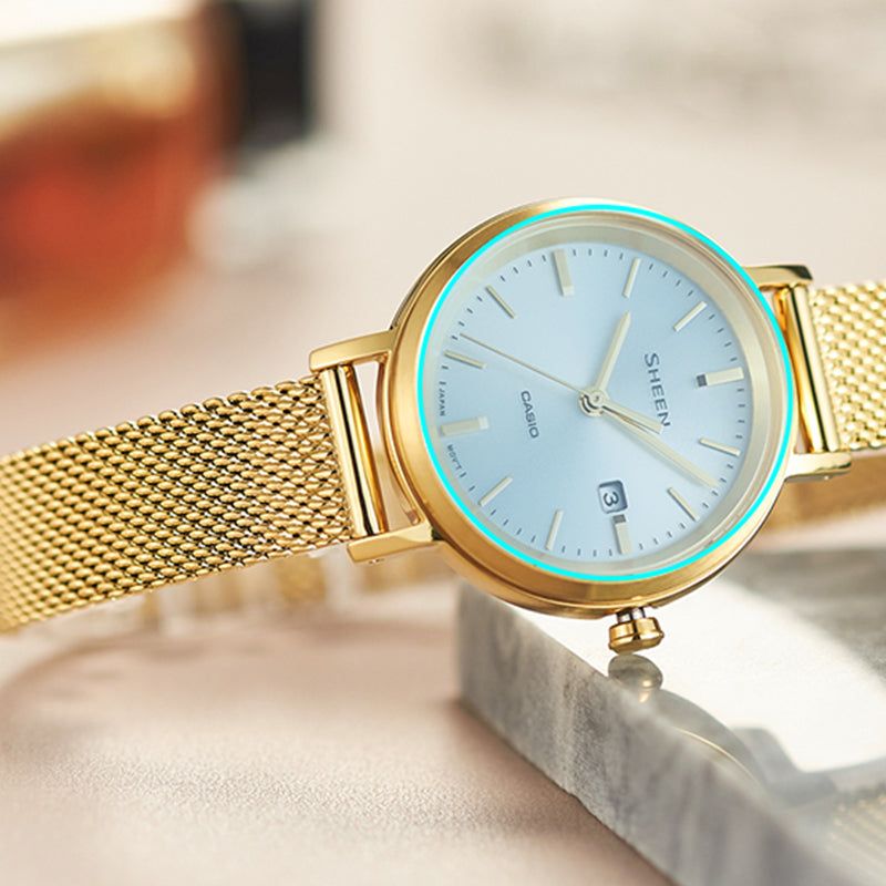 CASIOSHEEN Waterproof Quartz Sapphire Crystal Solar Powered Silver DialGold Strap SilverGold Analog