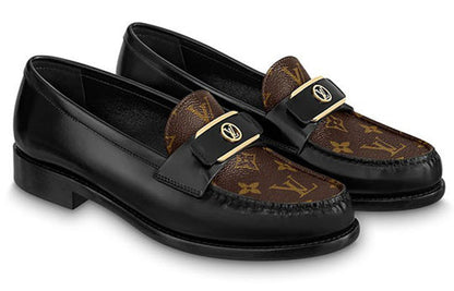 (WMNS) LOUIS VUITTON LV Loafers 'Black with Monogram and Gold Deco' 1AACXG