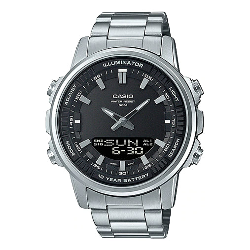 CASIOMen's  Dress Series Classic Minimalistic Black 47mm 50 waterproof Stainless Steel Strap Mens Silver Analog