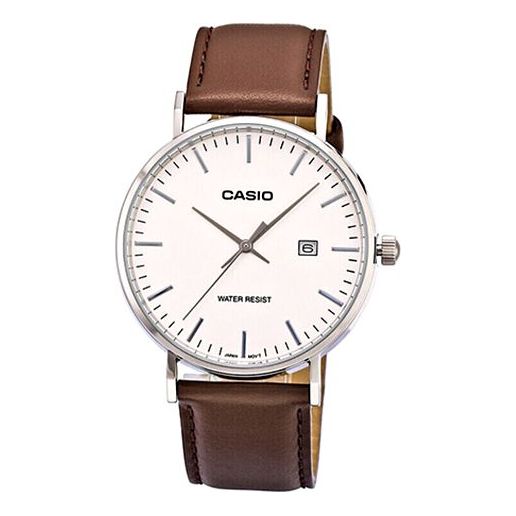 CASIOWaterproof Quartz White DialBrown Strap Mens WhiteBrown Analog