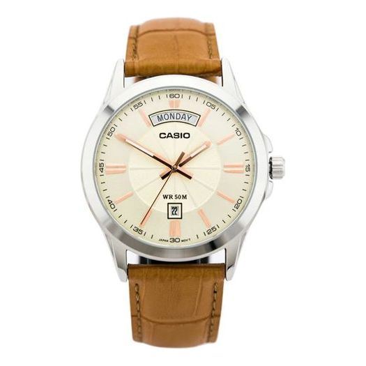 CASIOSportses Business es Creamy/Brown Quartz Waterproof Unisex Mens Gold Analog