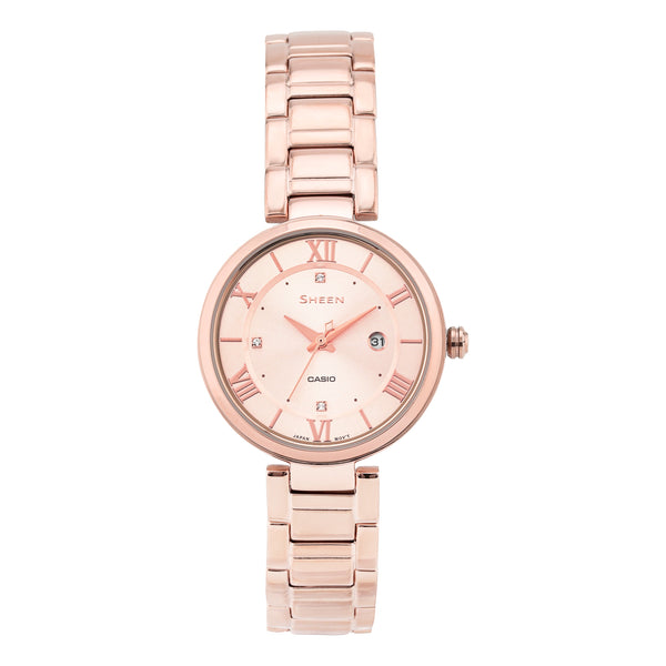 CASIOWaterproof SHEEN Stainless Steel Strap Quartz Sapphire Crystal Rose Gold Analog