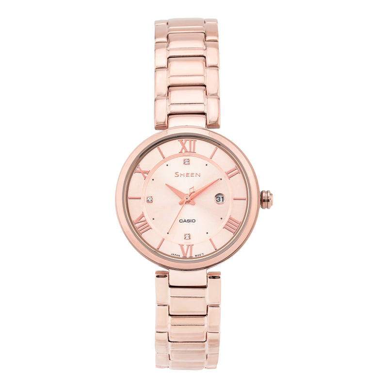 CASIOWaterproof SHEEN Stainless Steel Strap Quartz Sapphire Crystal Rose Gold Analog