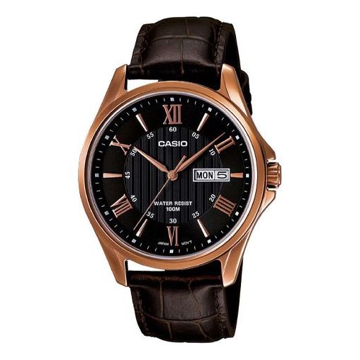 CASIODRESSSeries LeatherWatch Men's Black/Pink Quartz Waterproof Black Dial Mens Black Analog