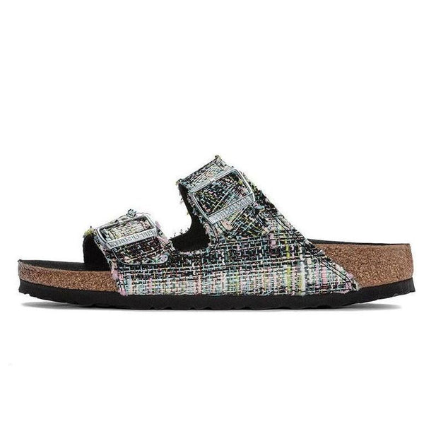 BirkenstockArizona Rivet Logo Festive Weave Green Narrow Fit Sandals 'Textile Microfibre Vegan'