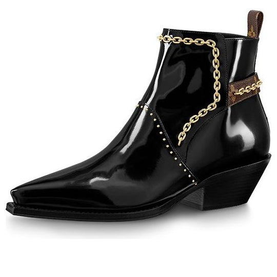 (WMNS) LOUIS VUITTON Matador Ankle Boots 'Black with Gold Chain and Monogram Straps' 1A8D0C