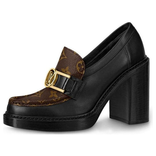 (WMNS) LOUIS VUITTON Academy Heeled Loafers 'Black with Brown Monogram' 1A86LV